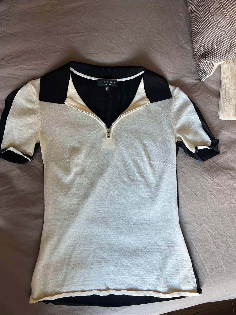 rag & bone Cream and Black Short Sleeve Zip Polo